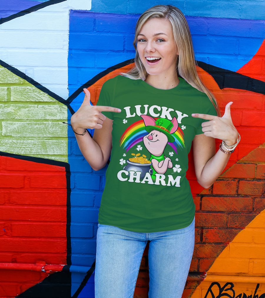 Lucky Charm With Piglet In Leprechaun Hat And Rainbow T-Shirt