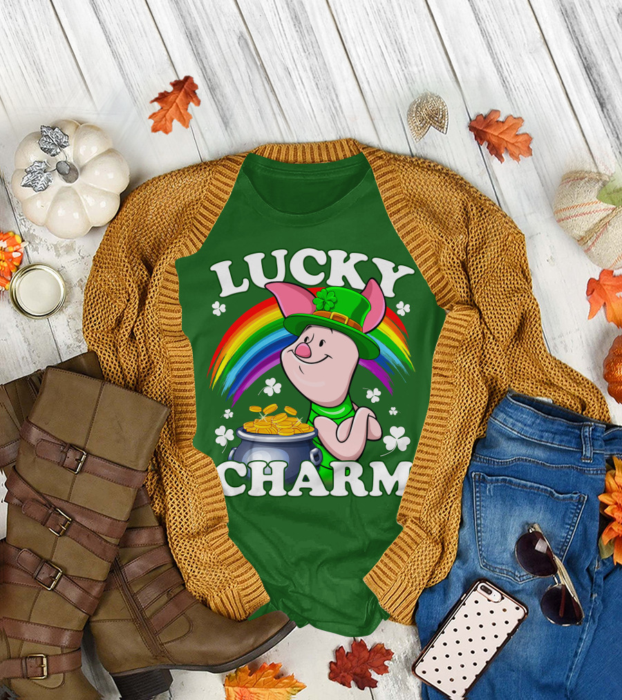 Lucky Charm With Piglet In Leprechaun Hat And Rainbow T-Shirt