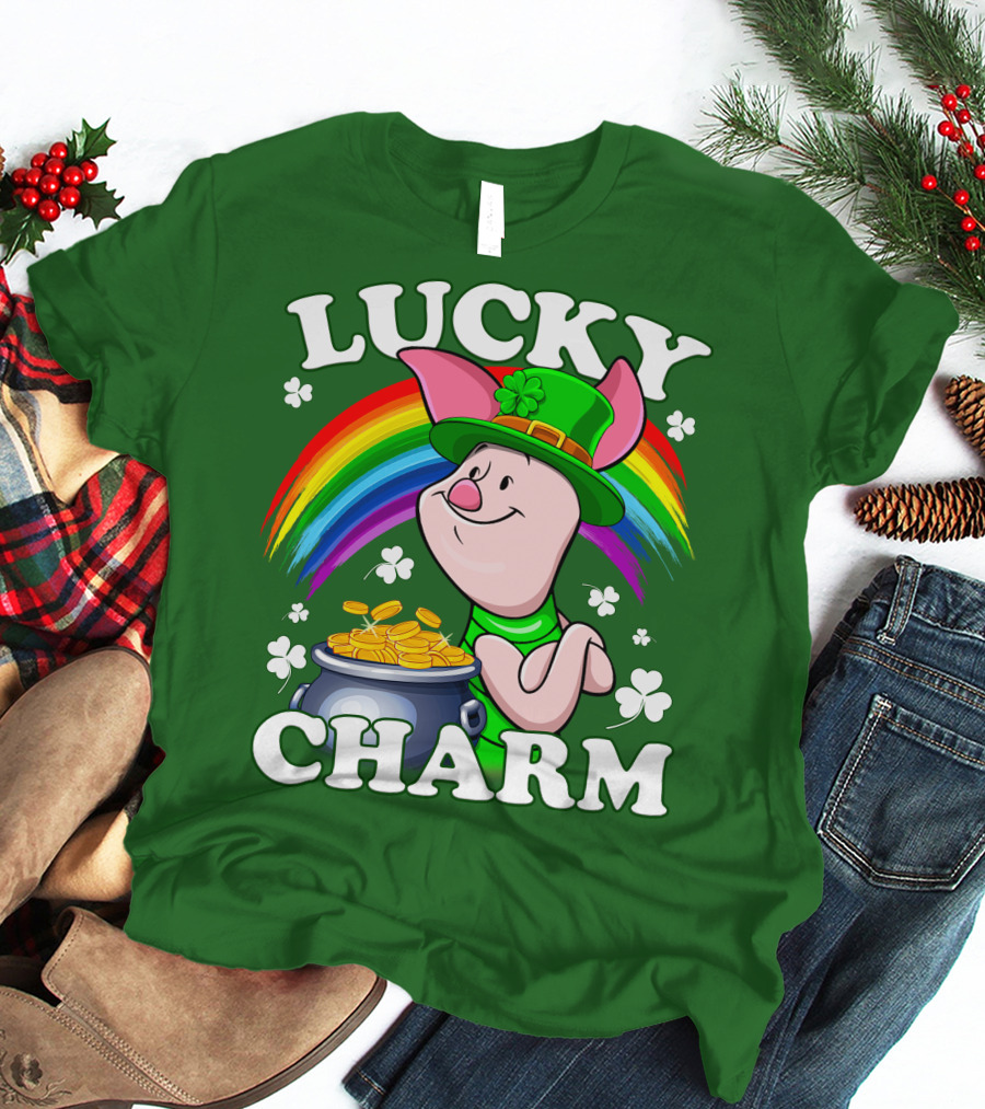 Lucky Charm With Piglet In Leprechaun Hat And Rainbow T-Shirt