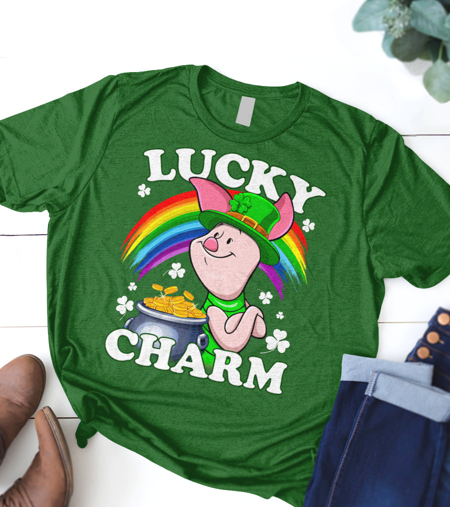 Lucky Charm With Piglet In Leprechaun Hat And Rainbow T-Shirt