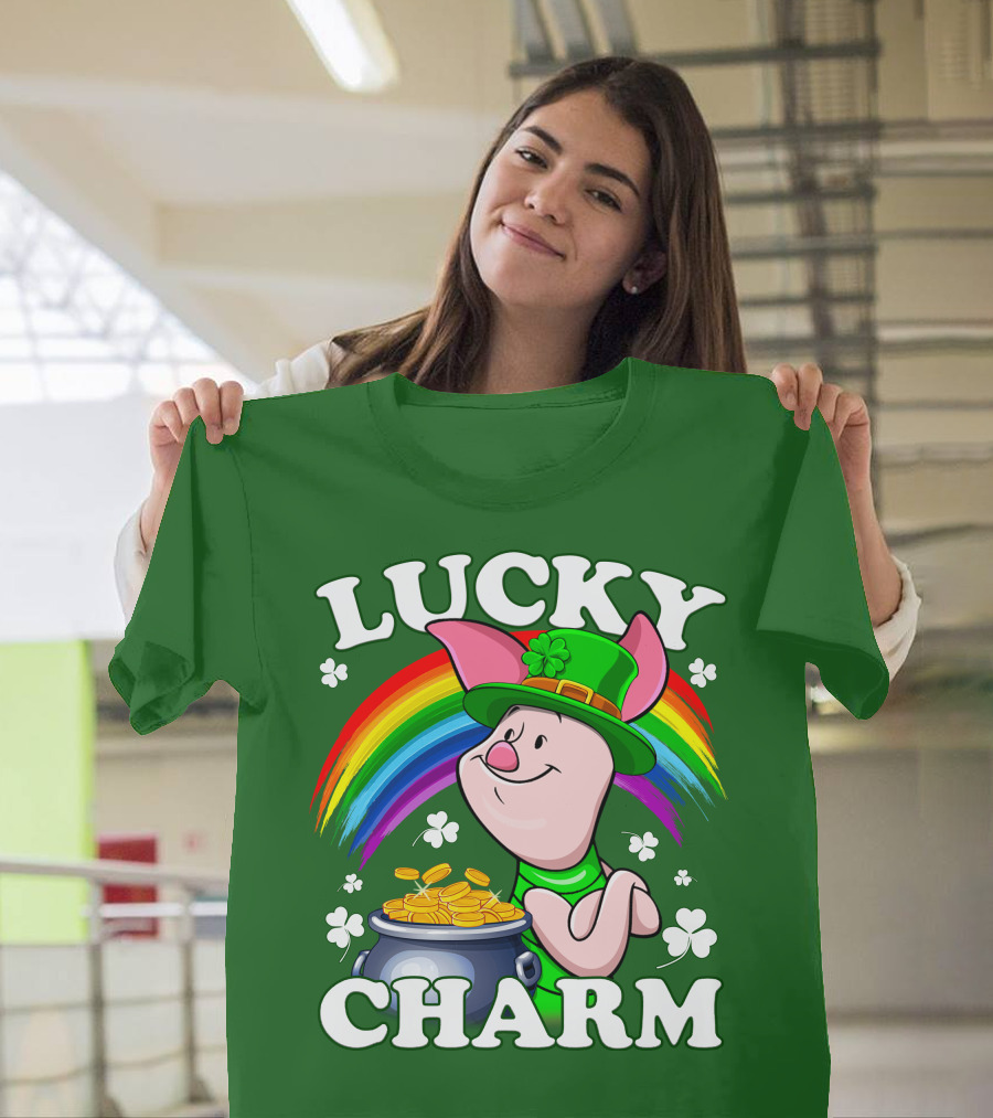 Lucky Charm With Piglet In Leprechaun Hat And Rainbow T-Shirt