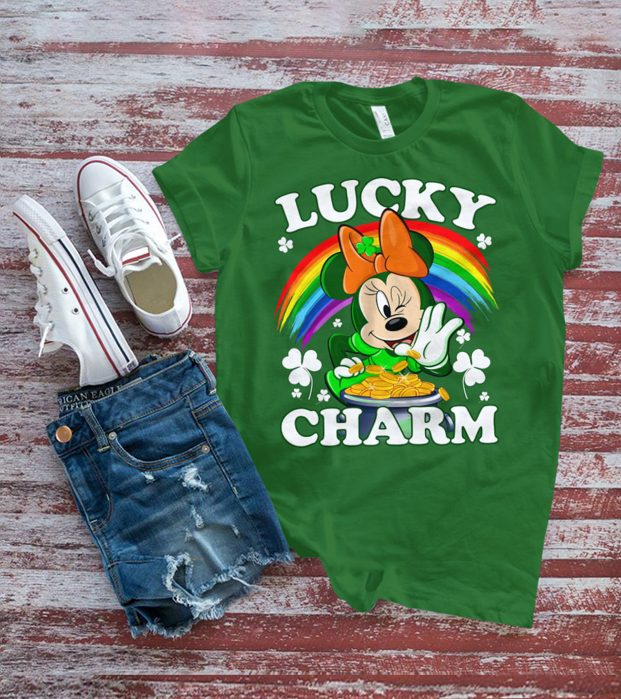 Lucky Charm Rainbow Minnie With Pot Of Gold And Shamrocks T-Shirt