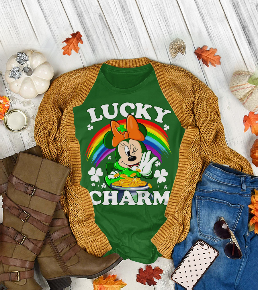 Lucky Charm Rainbow Minnie With Pot Of Gold And Shamrocks T-Shirt