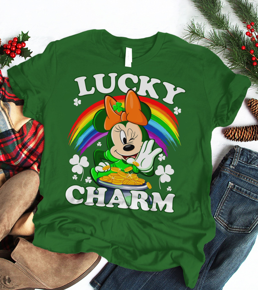 Lucky Charm Rainbow Minnie With Pot Of Gold And Shamrocks T-Shirt