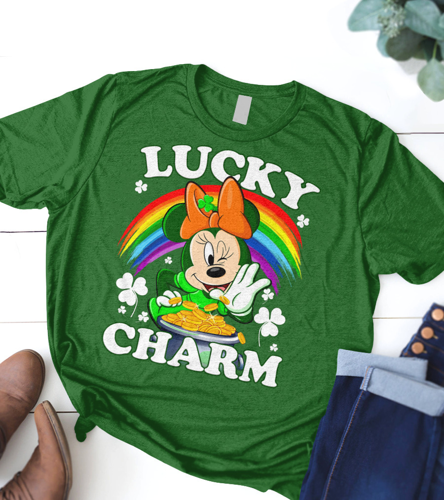 Lucky Charm Rainbow Minnie With Pot Of Gold And Shamrocks T-Shirt