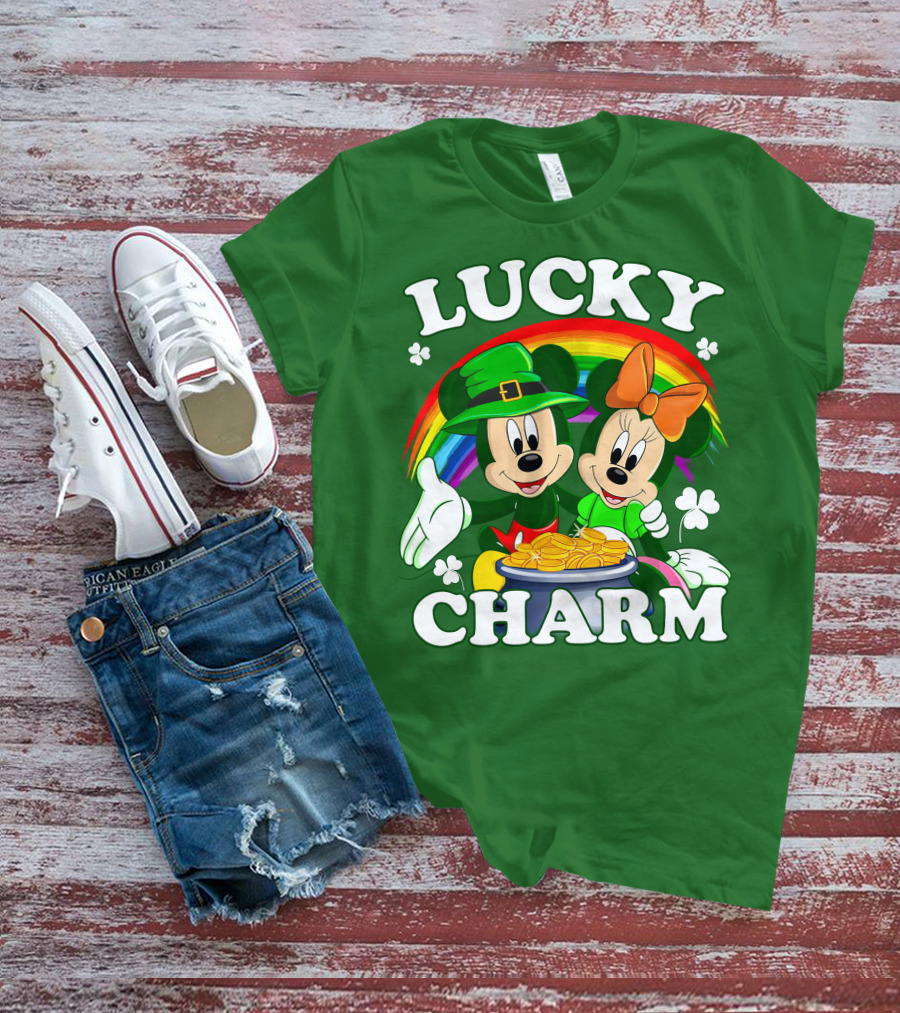 Lucky Charm Mickey And Minnie Rainbow Shamrock Coins T-Shirt