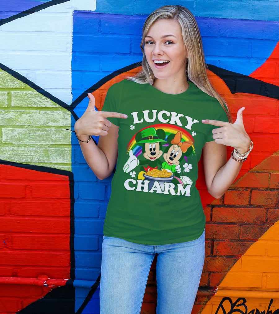Lucky Charm Mickey And Minnie Rainbow Shamrock Coins T-Shirt