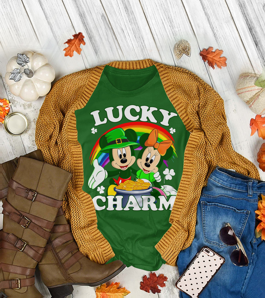 Lucky Charm Mickey And Minnie Rainbow Shamrock Coins T-Shirt