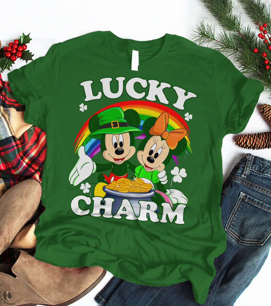 Lucky Charm Mickey And Minnie Rainbow Shamrock Coins T-Shirt