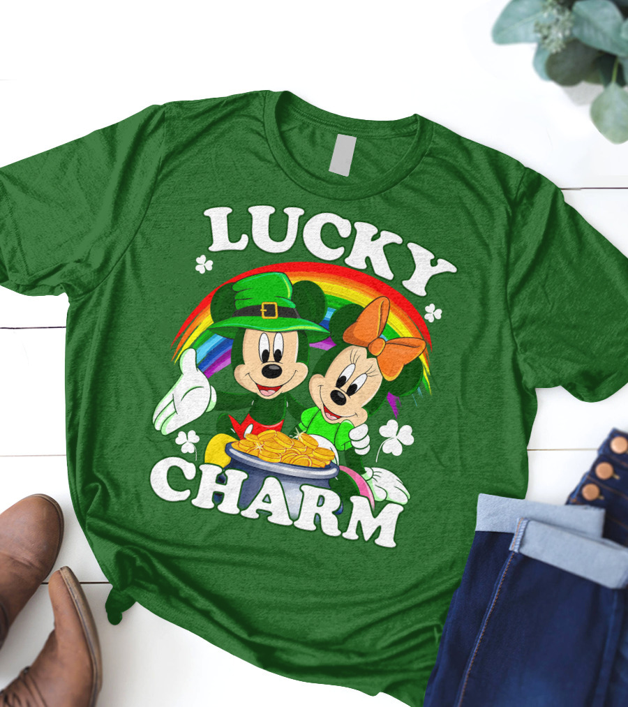 Lucky Charm Mickey And Minnie Rainbow Shamrock Coins T-Shirt