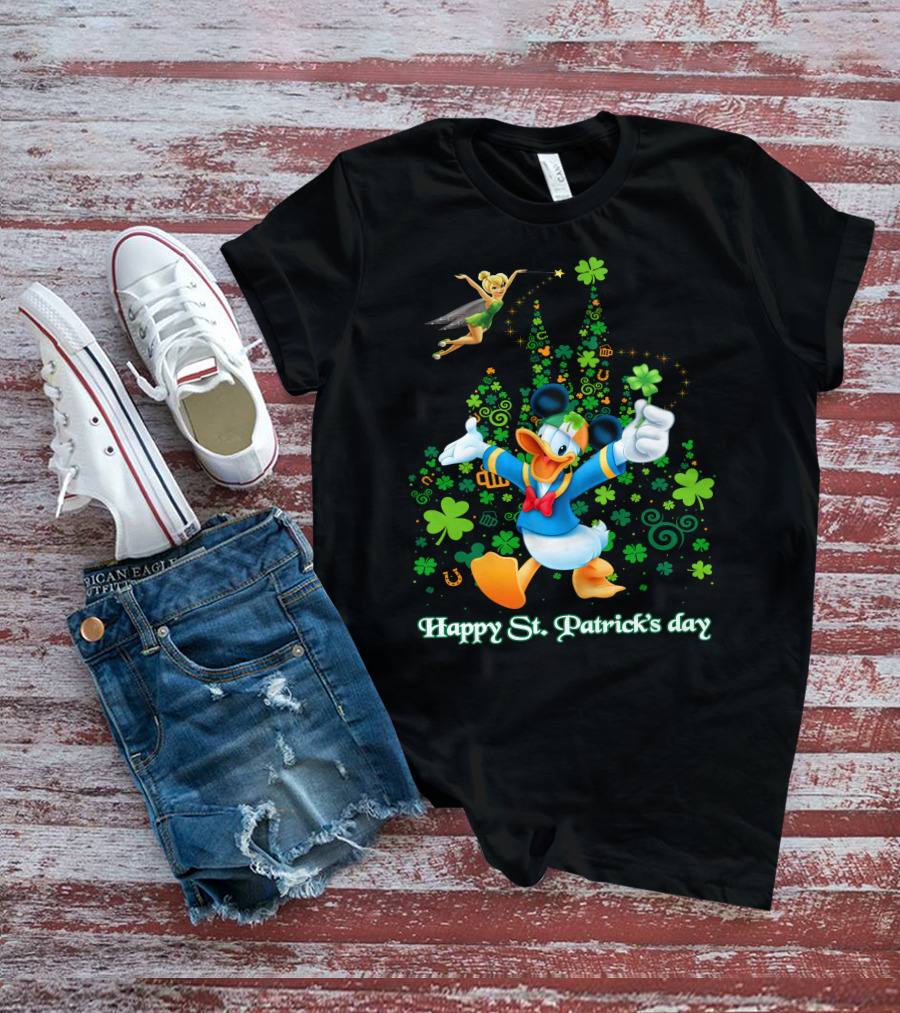 Happy St. Patrick's Day Donald And Tinkerbell With Shamrocks And Castle T-Shirt