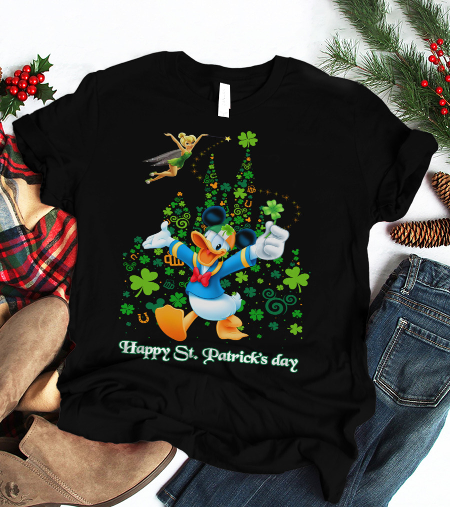 Happy St. Patrick's Day Donald And Tinkerbell With Shamrocks And Castle T-Shirt