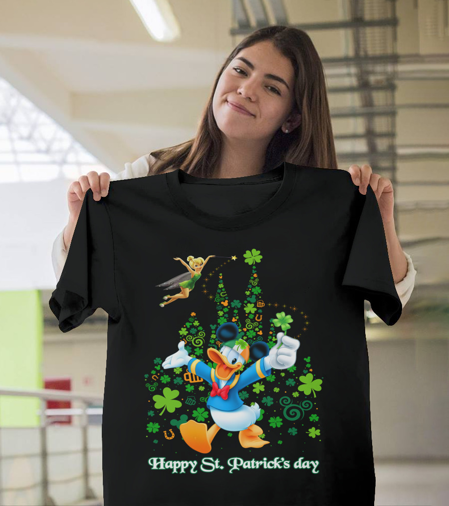 Happy St. Patrick's Day Donald And Tinkerbell With Shamrocks And Castle T-Shirt