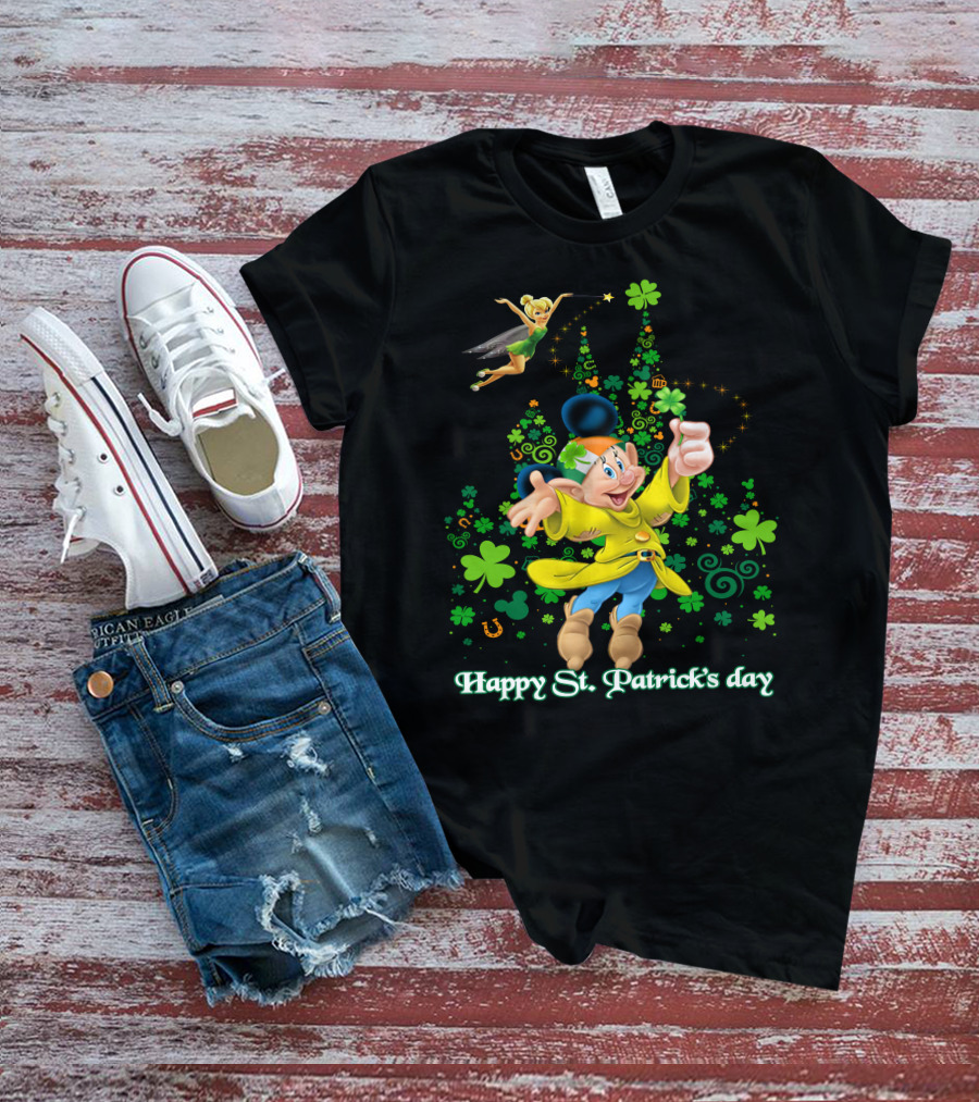 Happy St. Patrick's Day Dopey Disney Character With Tinker Bell And Clovers T-Shirt