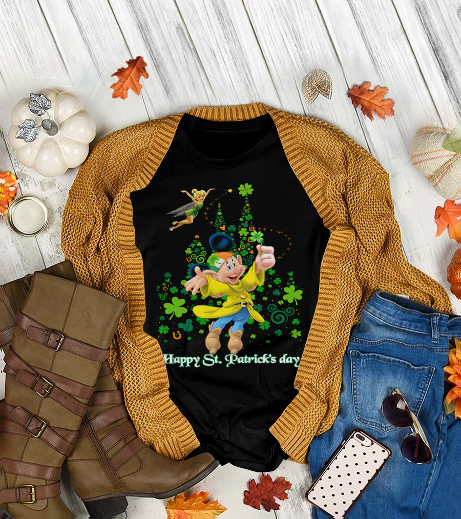 Happy St. Patrick's Day Dopey Disney Character With Tinker Bell And Clovers T-Shirt