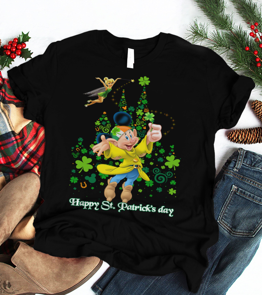 Happy St. Patrick's Day Dopey Disney Character With Tinker Bell And Clovers T-Shirt