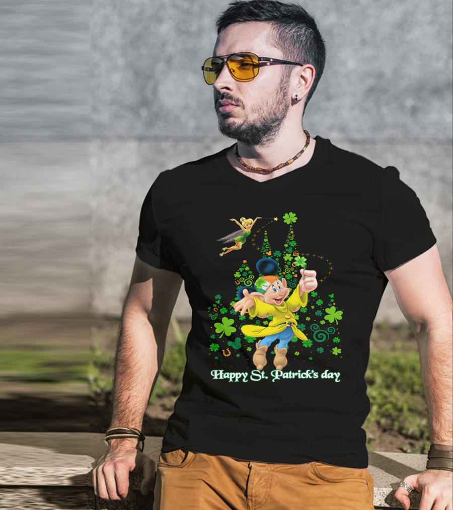 Happy St. Patrick's Day Dopey Disney Character With Tinker Bell And Clovers T-Shirt