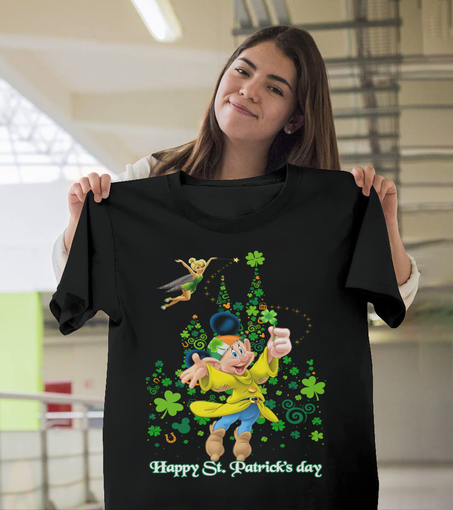 Happy St. Patrick's Day Dopey Disney Character With Tinker Bell And Clovers T-Shirt