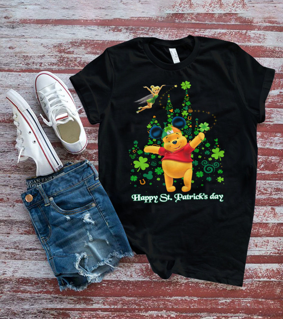 Happy St. Patrick's Day Pooh And Tinker Bell With Mickey Ears And Shamrocks T-Shirt