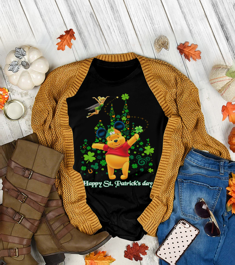 Happy St. Patrick's Day Pooh And Tinker Bell With Mickey Ears And Shamrocks T-Shirt