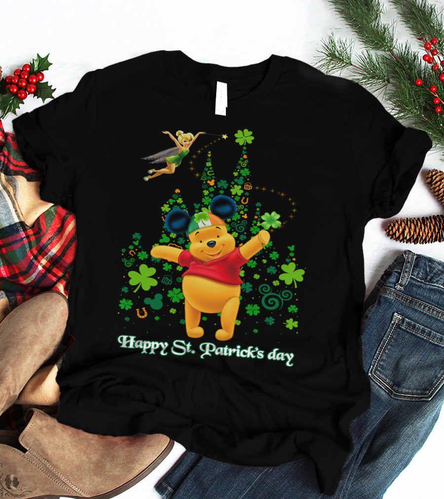 Happy St. Patrick's Day Pooh And Tinker Bell With Mickey Ears And Shamrocks T-Shirt