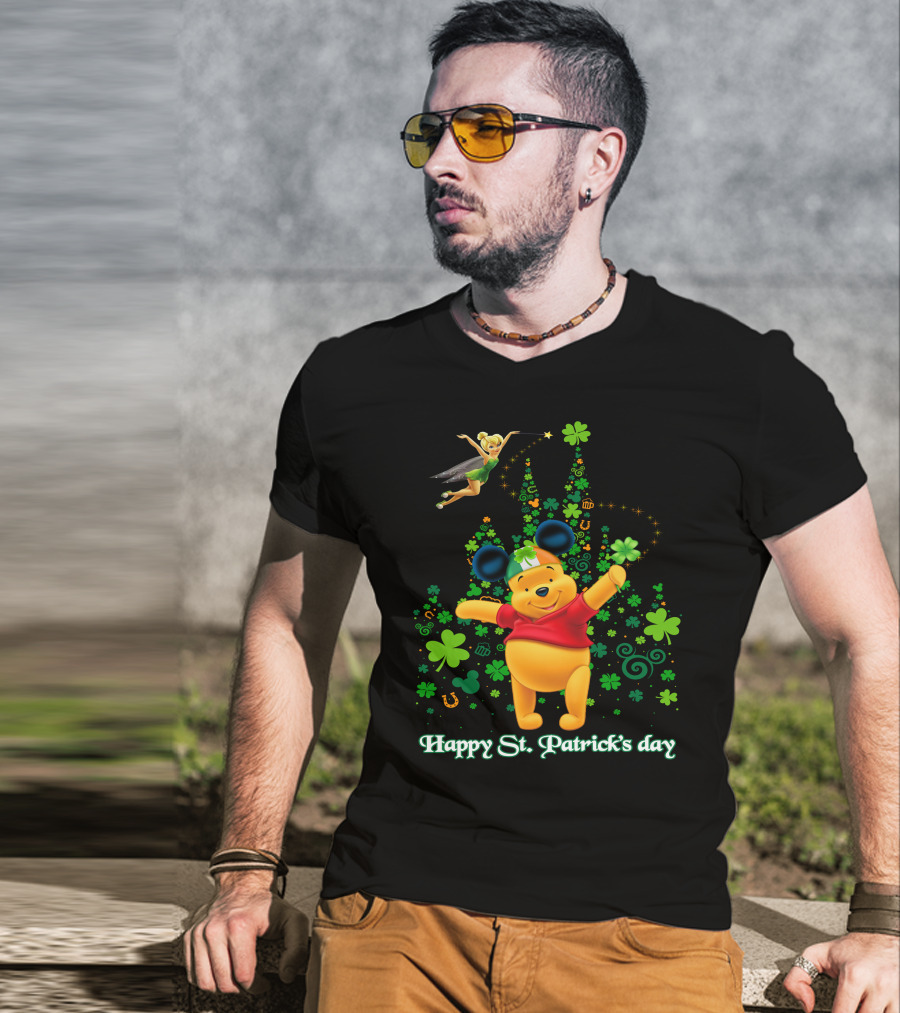 Happy St. Patrick's Day Pooh And Tinker Bell With Mickey Ears And Shamrocks T-Shirt
