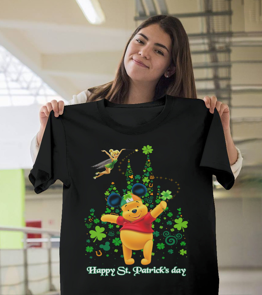 Happy St. Patrick's Day Pooh And Tinker Bell With Mickey Ears And Shamrocks T-Shirt