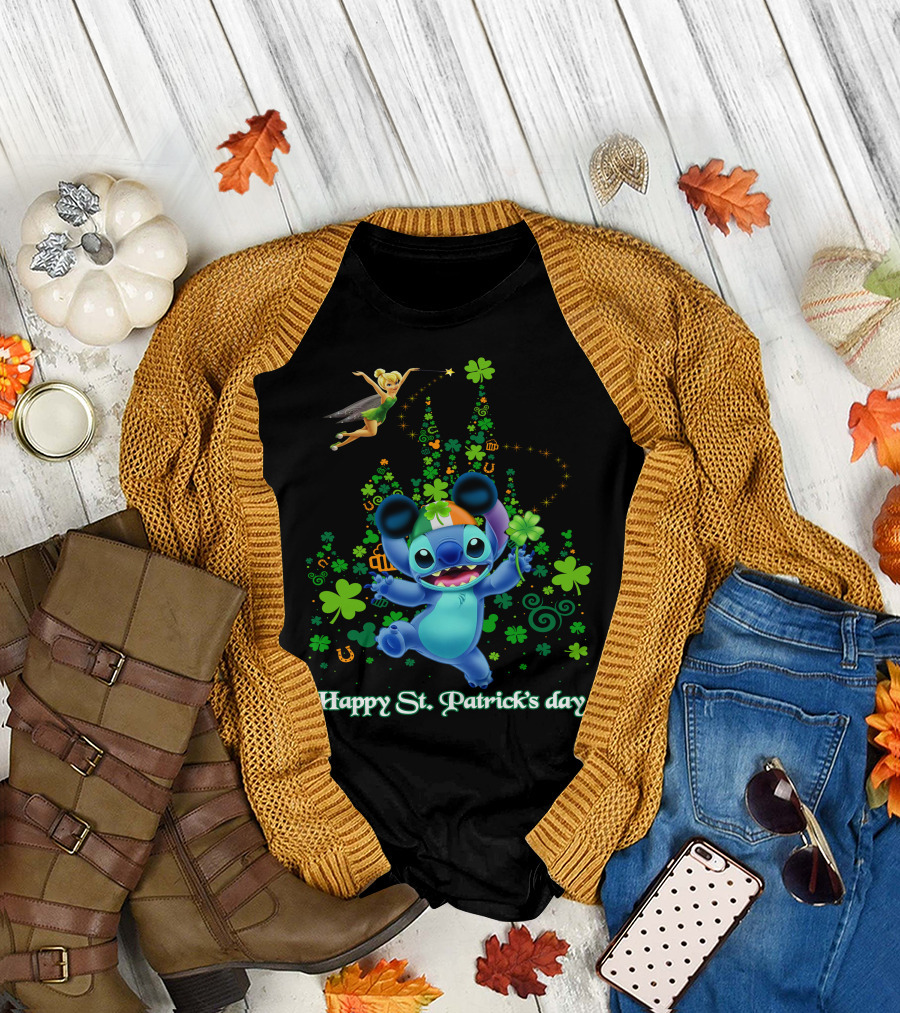 Stitch And Tinkerbell Happy St. Patrick's Day With Shamrocks And Irish Colors T-Shirt