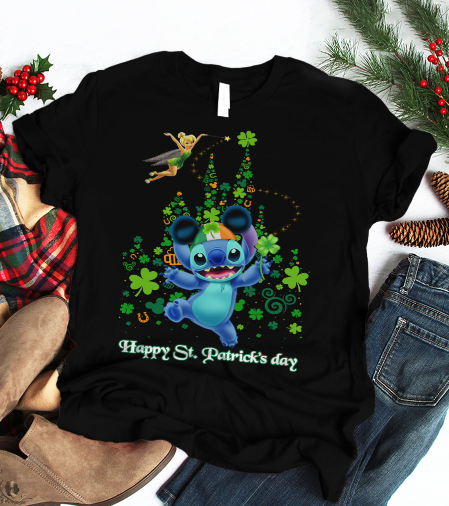 Stitch And Tinkerbell Happy St. Patrick's Day With Shamrocks And Irish Colors T-Shirt