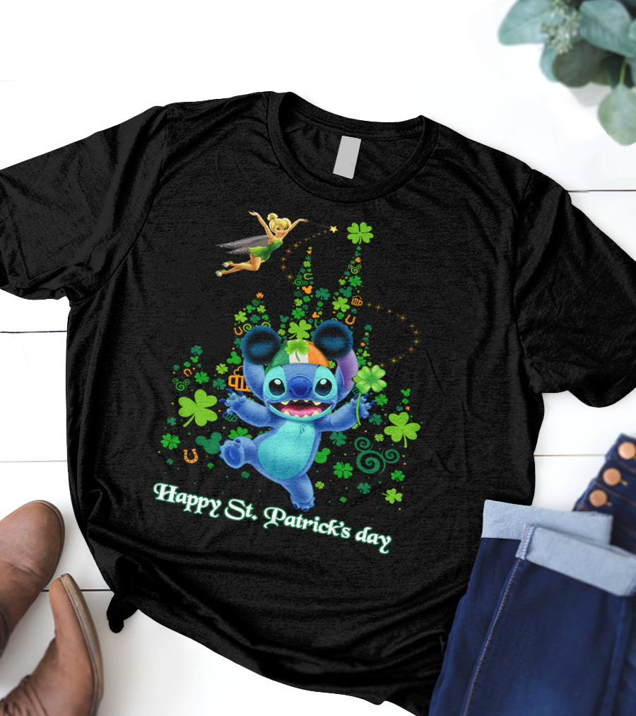 Stitch And Tinkerbell Happy St. Patrick's Day With Shamrocks And Irish Colors T-Shirt