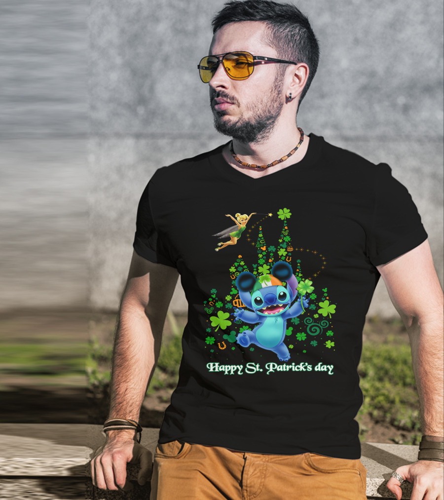 Stitch And Tinkerbell Happy St. Patrick's Day With Shamrocks And Irish Colors T-Shirt
