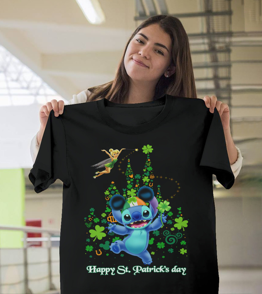 Stitch And Tinkerbell Happy St. Patrick's Day With Shamrocks And Irish Colors T-Shirt