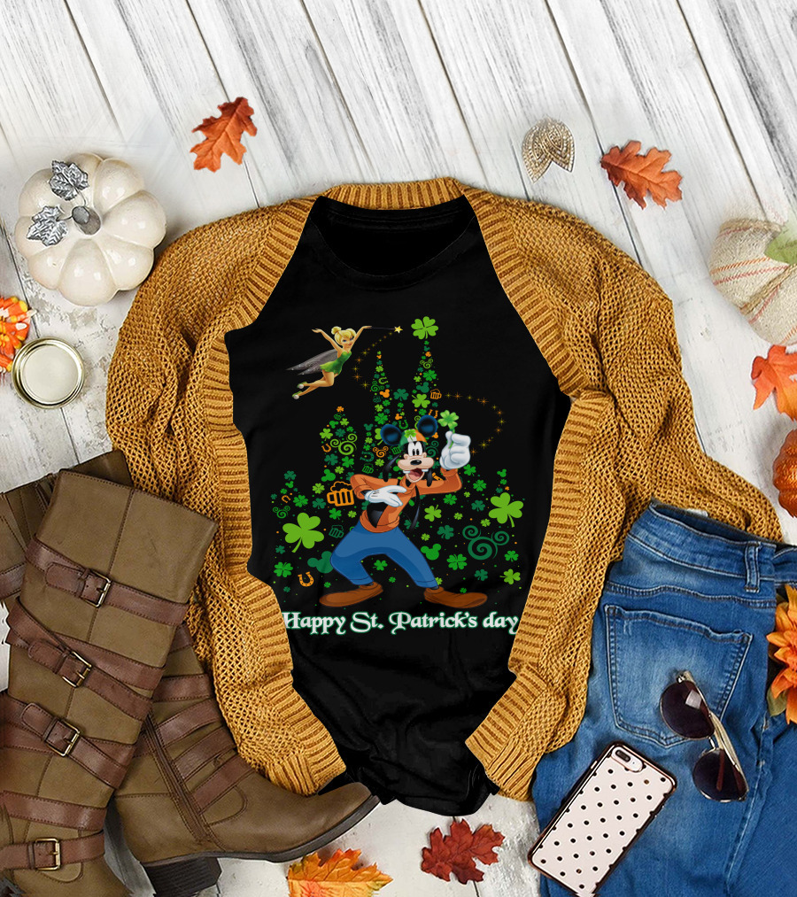 Goofy Happy St. Patrick's Day With Tinker Bell And Castle T-Shirt
