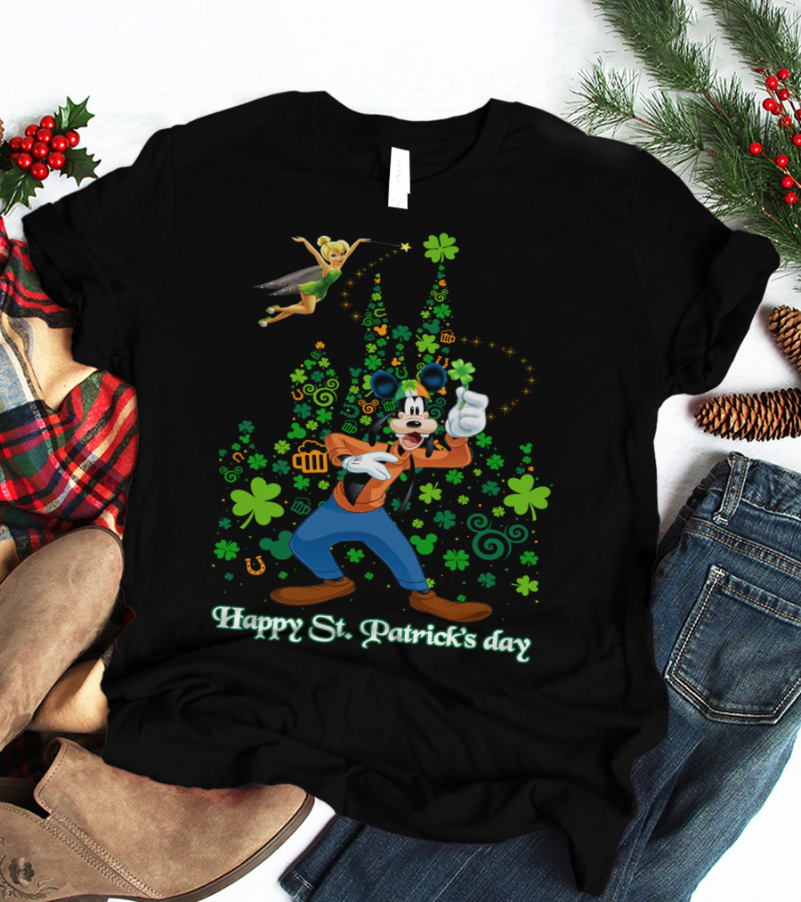 Goofy Happy St. Patrick's Day With Tinker Bell And Castle T-Shirt