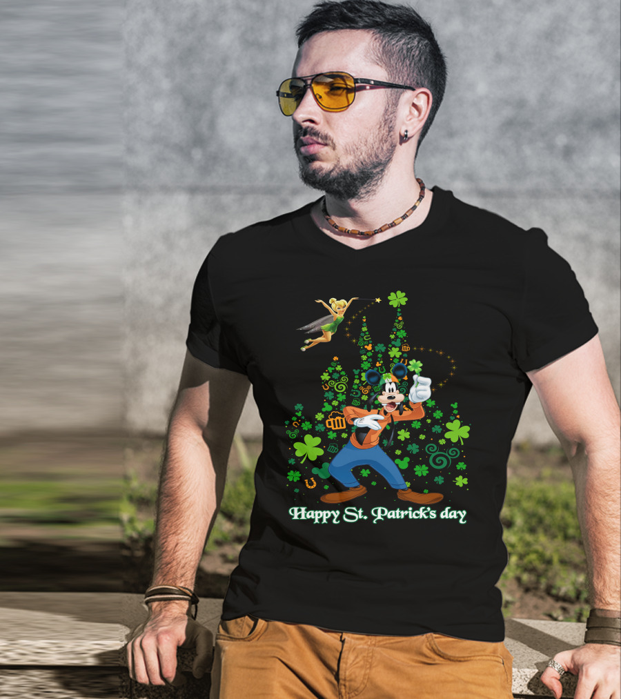 Goofy Happy St. Patrick's Day With Tinker Bell And Castle T-Shirt