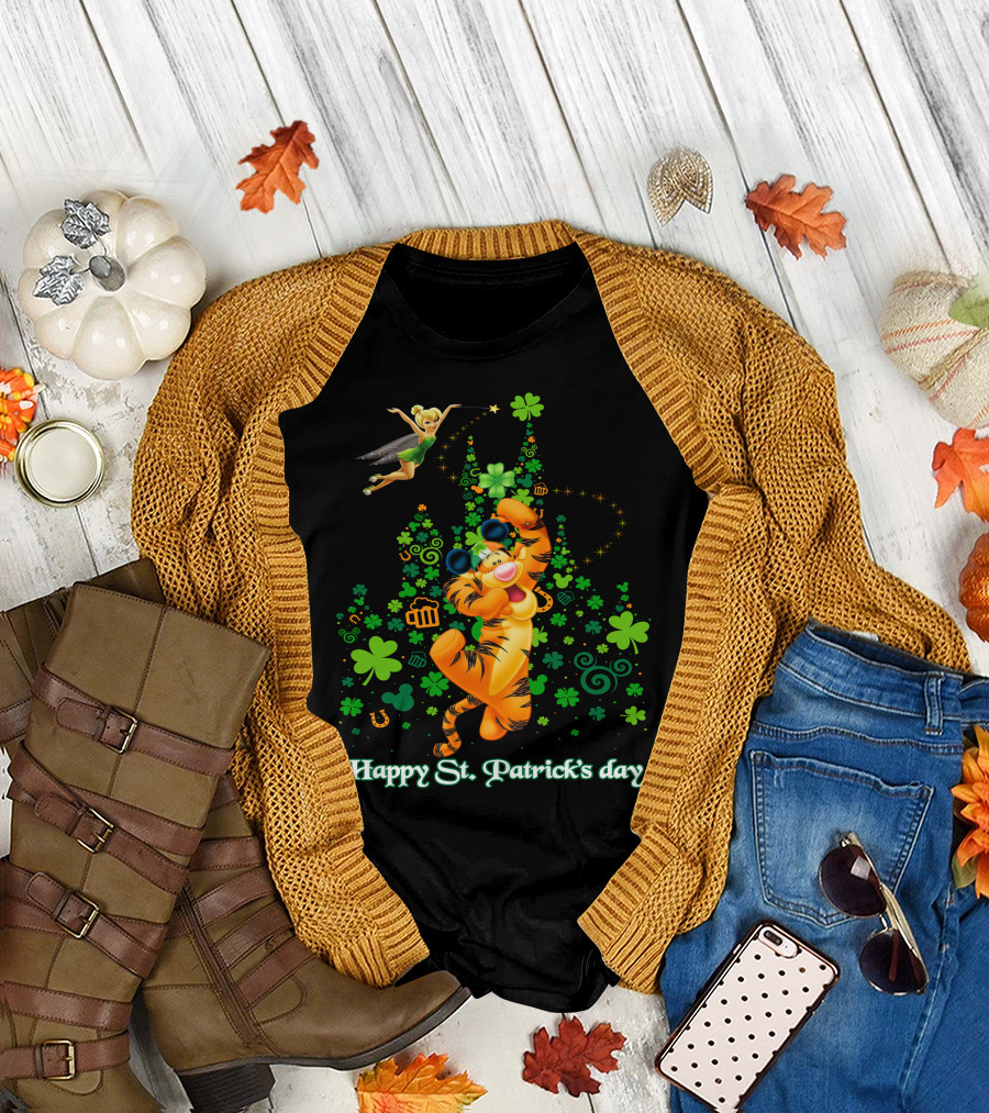 Happy St. Patrick's Day Tigger And Tinkerbell Celebration With Shamrocks And Icons T-Shirt