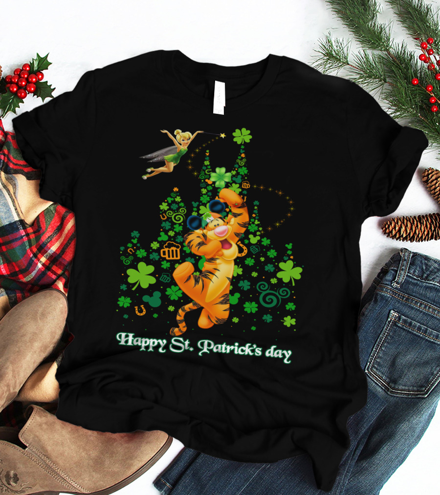 Happy St. Patrick's Day Tigger And Tinkerbell Celebration With Shamrocks And Icons T-Shirt