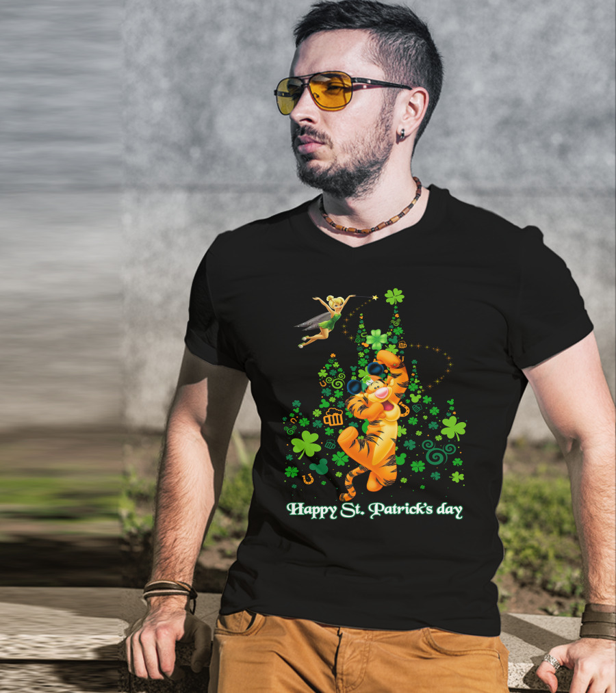 Happy St. Patrick's Day Tigger And Tinkerbell Celebration With Shamrocks And Icons T-Shirt