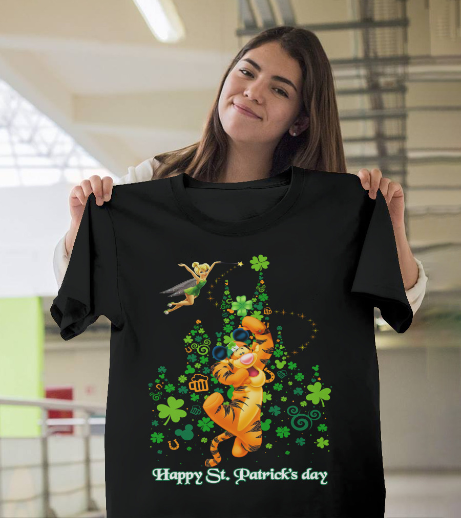 Happy St. Patrick's Day Tigger And Tinkerbell Celebration With Shamrocks And Icons T-Shirt