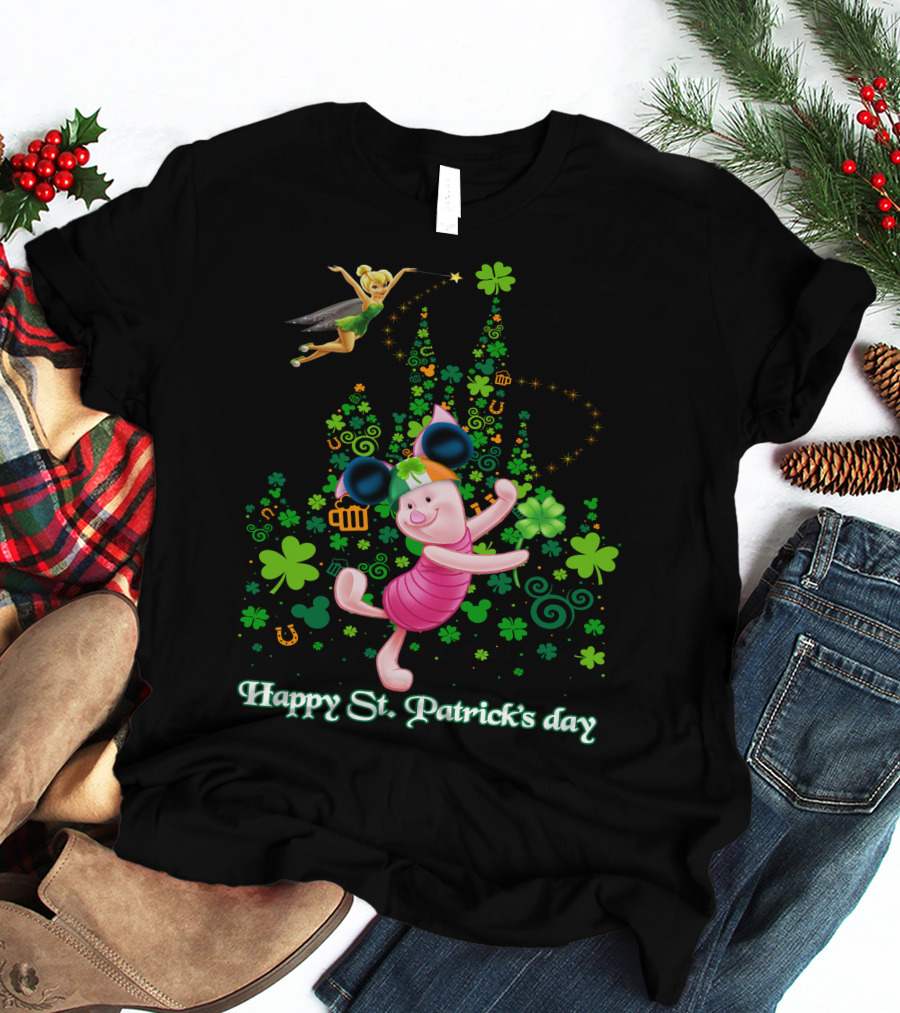 Happy St. Patrick's Day Piglet Tinker Bell Mickey Ears Shamrock Castle T-Shirt