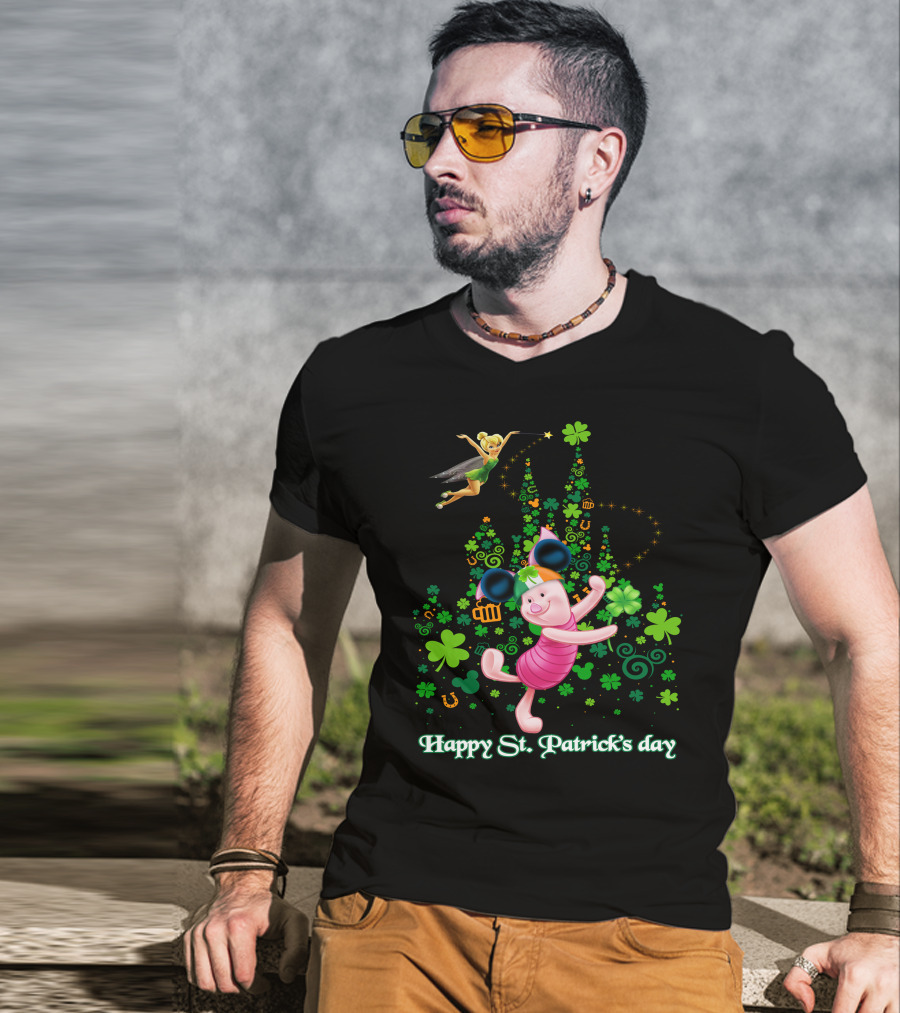 Happy St. Patrick's Day Piglet Tinker Bell Mickey Ears Shamrock Castle T-Shirt
