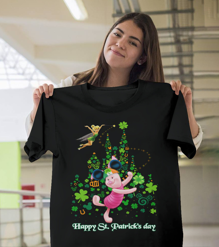 Happy St. Patrick's Day Piglet Tinker Bell Mickey Ears Shamrock Castle T-Shirt