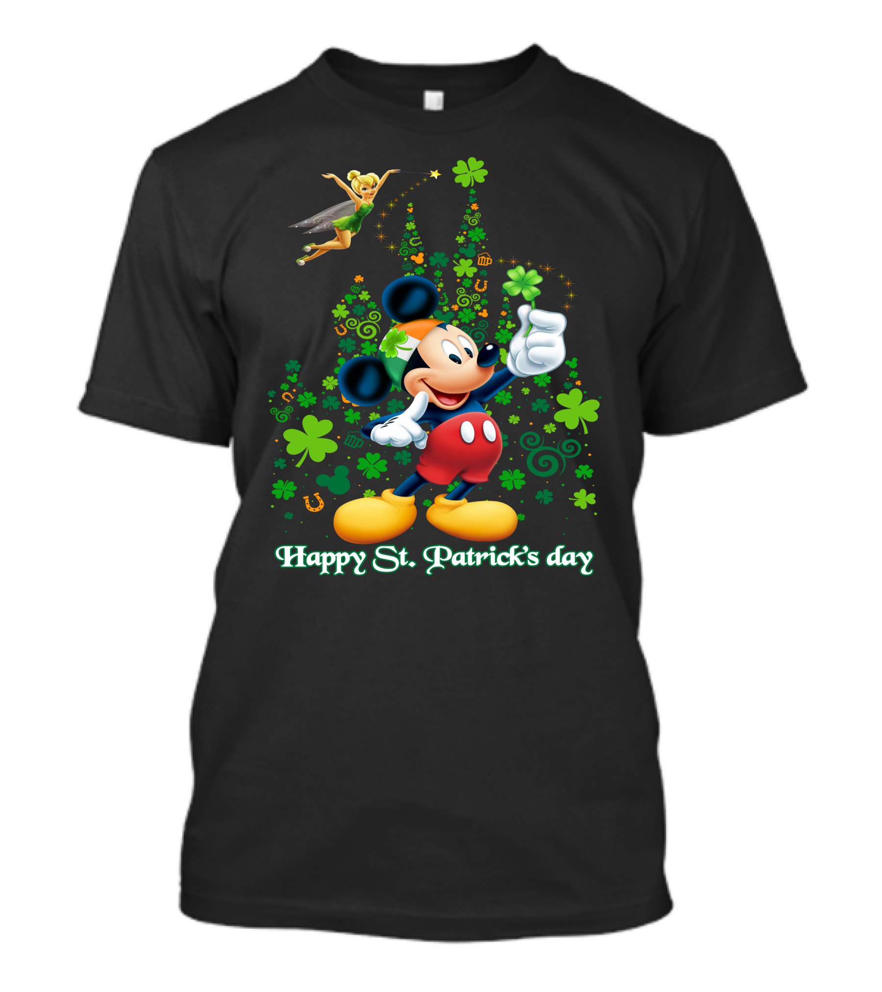 Mickey Happy St. Patrick's Day With Tinker Bell And Shamrocks T-Shirt