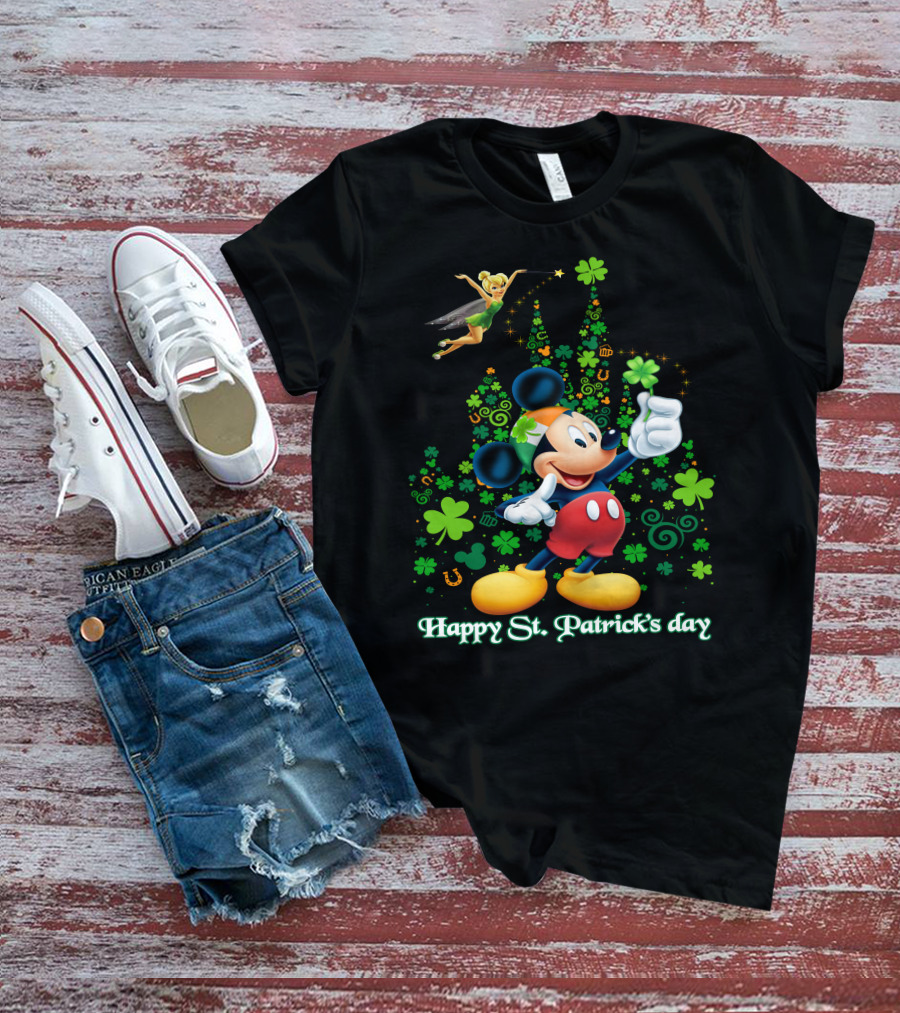 Mickey Happy St. Patrick's Day With Tinker Bell And Shamrocks T-Shirt