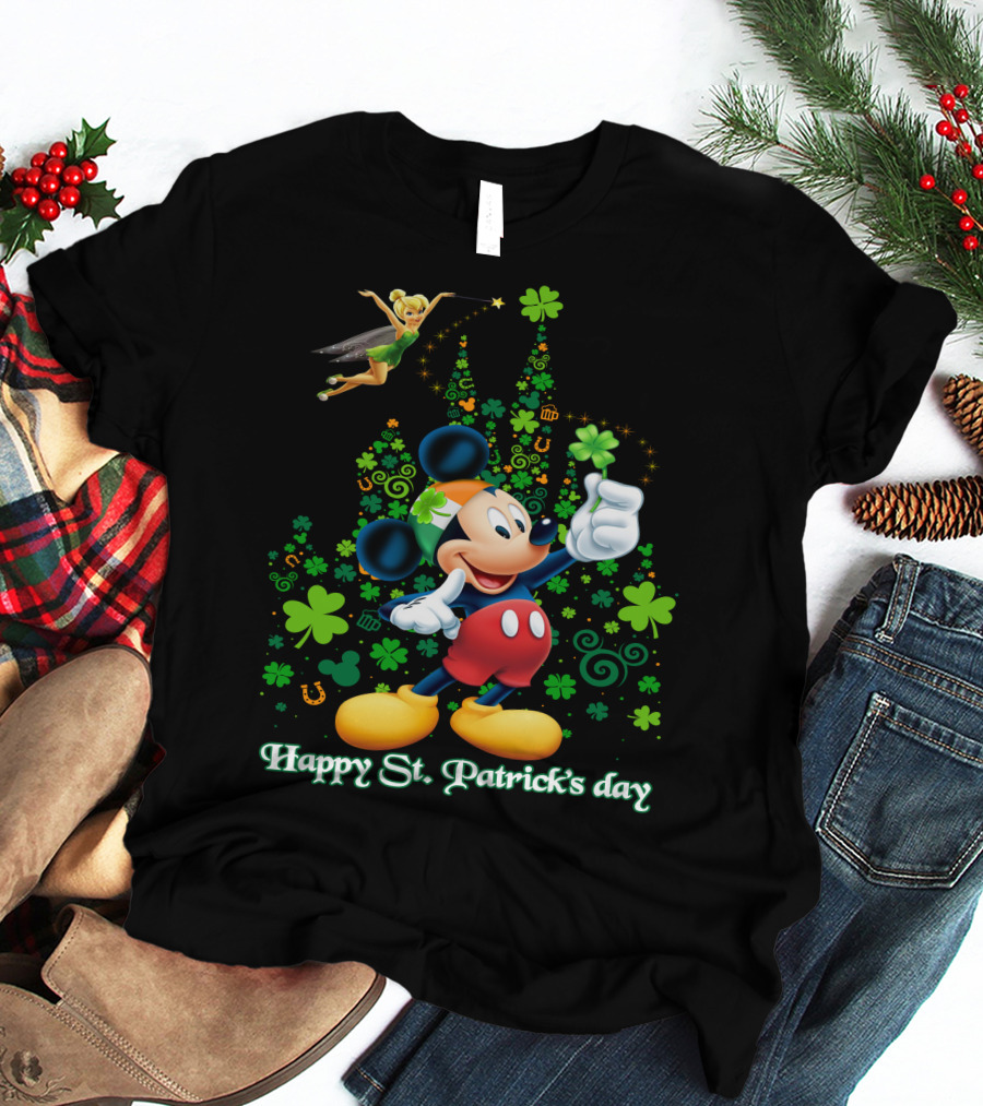 Mickey Happy St. Patrick's Day With Tinker Bell And Shamrocks T-Shirt