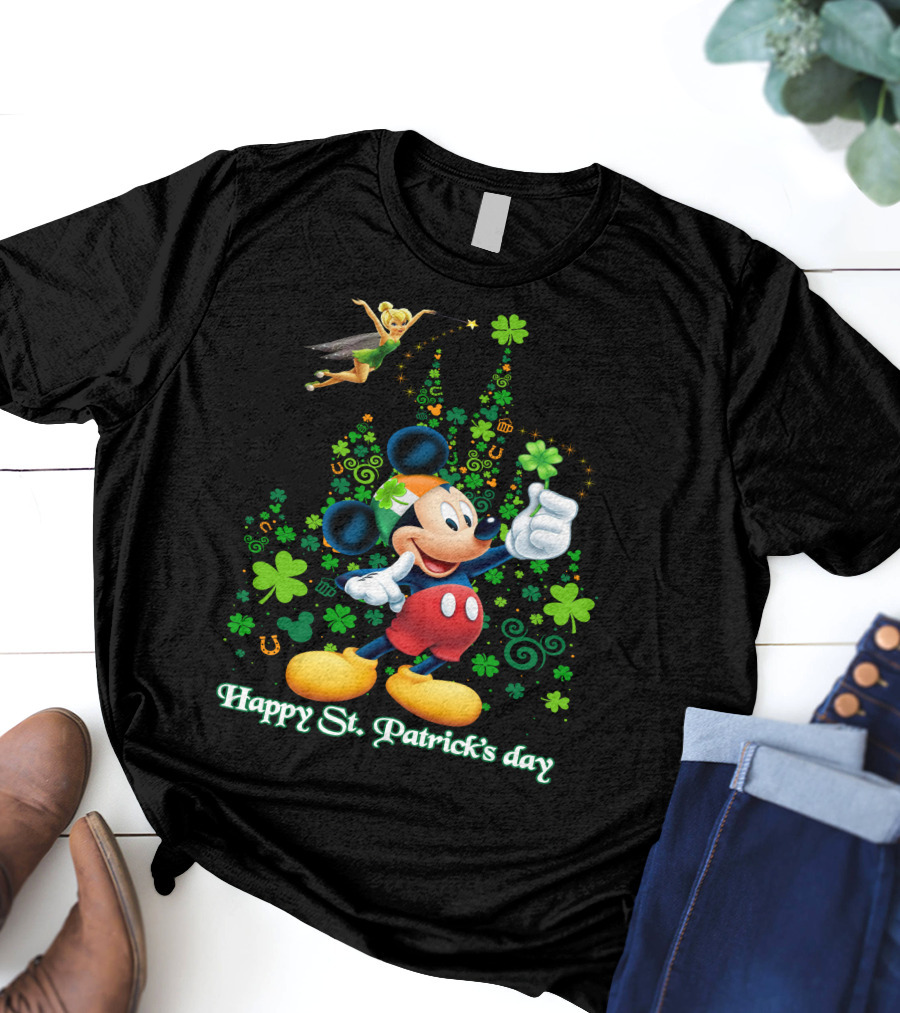 Mickey Happy St. Patrick's Day With Tinker Bell And Shamrocks T-Shirt