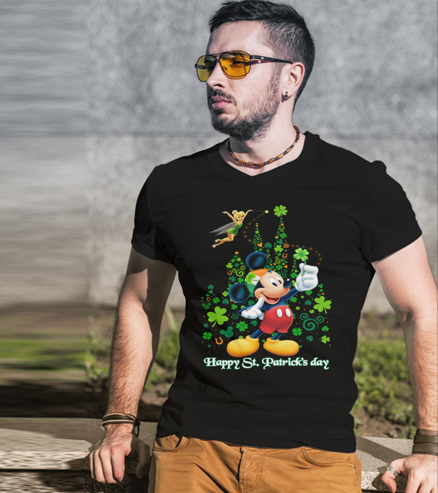 Mickey Happy St. Patrick's Day With Tinker Bell And Shamrocks T-Shirt