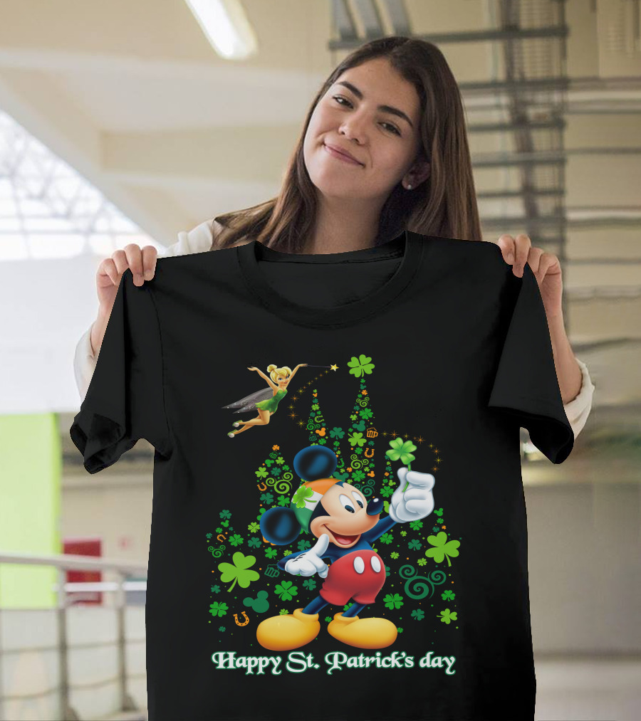 Mickey Happy St. Patrick's Day With Tinker Bell And Shamrocks T-Shirt