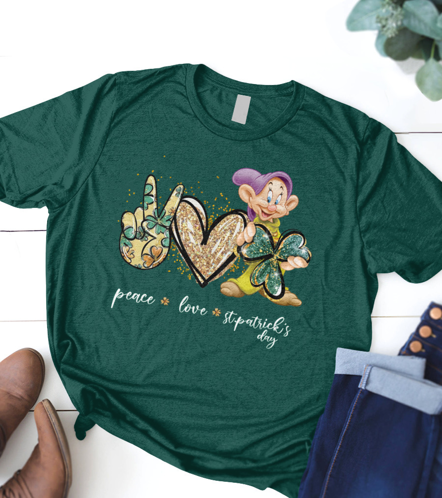 Peace Love St. Patrick's Day Dopey Shamrock T-Shirt