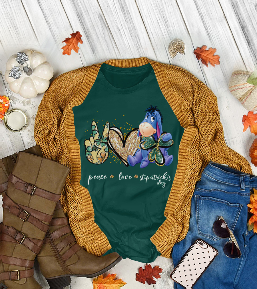 Peace Love St. Patrick's Day Eeyore Shamrock Heart T-Shirt